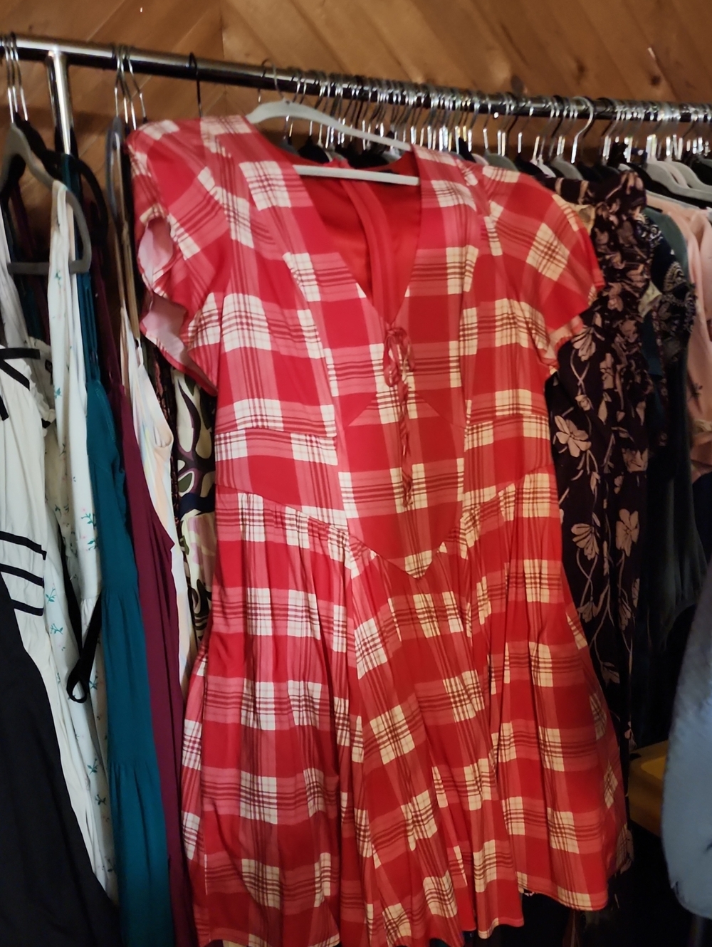 Red Plaid Short Sleeve Flared Women’s Top